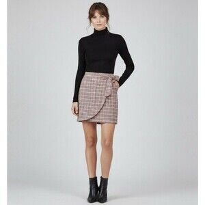 NWT LOFT Ann Taylor Pink Black Tan Plaid Tie Front Faux Wrap Mini Skirt Size 6